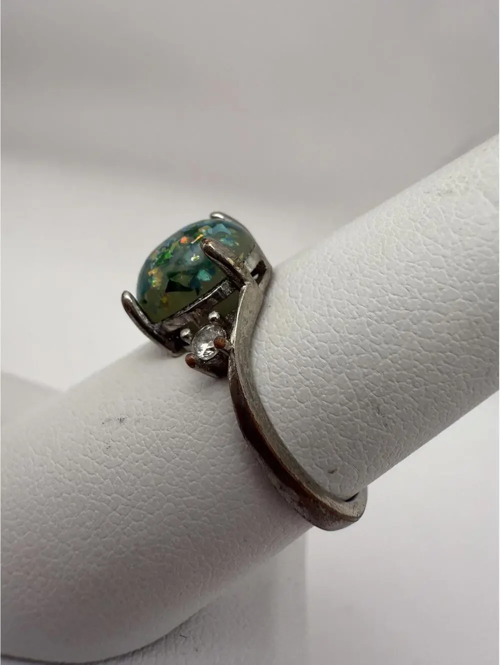 Silver Ring with Multicolor Opal-like Stone and Side Accents Size 7